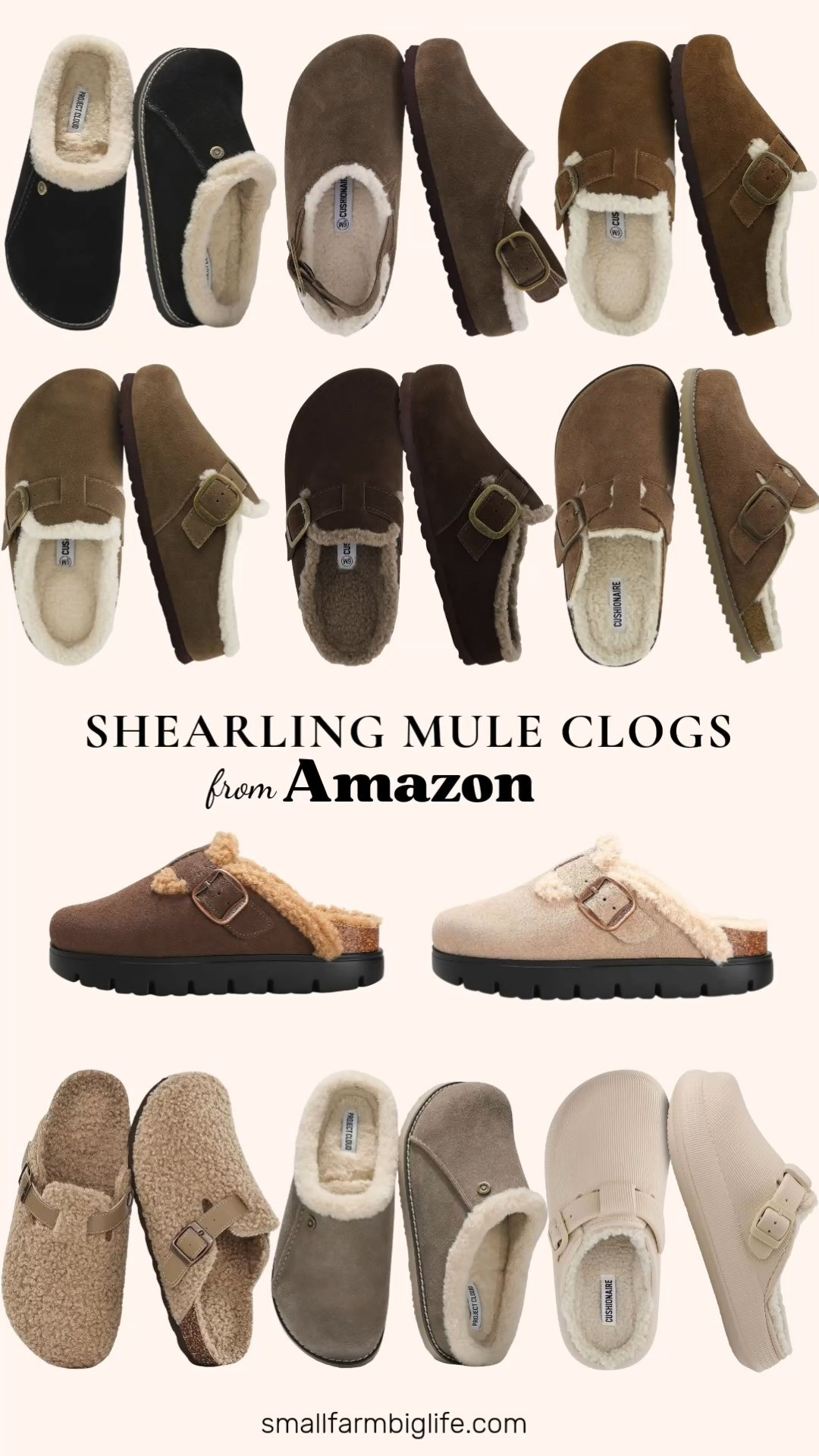 Shearling Mule Clogs From Amazon 🍂 Shearling clogs are one of the coziest fall shoes of the season, and these Amazon finds are so comfy you'll want to wear them everywhere. The CUSHIONAIRE Haven genuine leather clogs have a faux fur lining, cork footbed, and adjustable buckle, and they come in dark taupe, mid brown, and chocolate brown. Love a lifted look? The suede shearling platform clogs in sand and coffee brown have arch support and an anti slip lug sole for cold weather. For more cozy picks, there's the dark taupe CUSHIONAIRE Luz suede clog, the brown Blain fur suede clog, a fuzzy khaki suede clog, and an oatmeal Fable recovery clog with a faux fur lining. The Project Cloud genuine leather clogs in black suede and taupe sand have a memory foam insole for all day comfort. Pair them with jeans, joggers, or a matching lounge set for easy fall outfits for women over 50 and beyond!

#amazonfashion #amazonfinds #shearlingclogs #fallshoes #falloutfits #cozystyle 

 #LTKootd #LTKSeasonal #LTKOver40