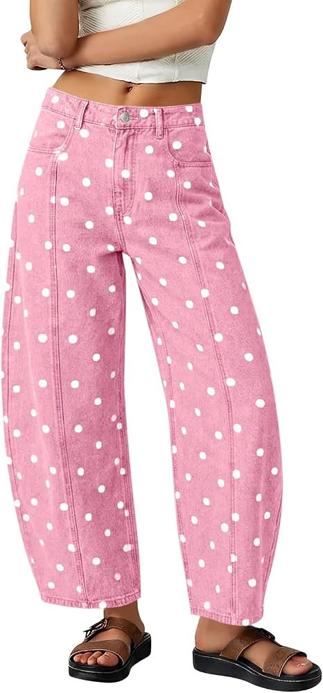 Tankaneo Womens Polka Dot Barrel Jeans High Waisted Wide Leg Denim Pants | Amazon (US)