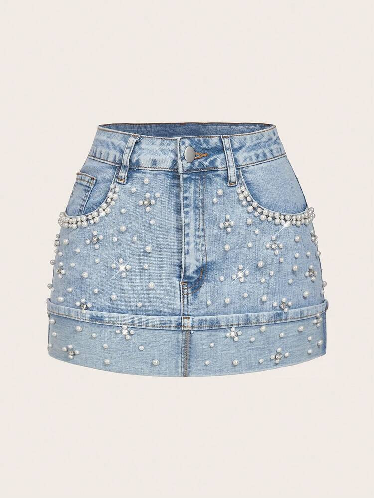 SHEIN MOD Women's Fashion Pearl Decor Pocket Denim Mini Skirt | SHEIN