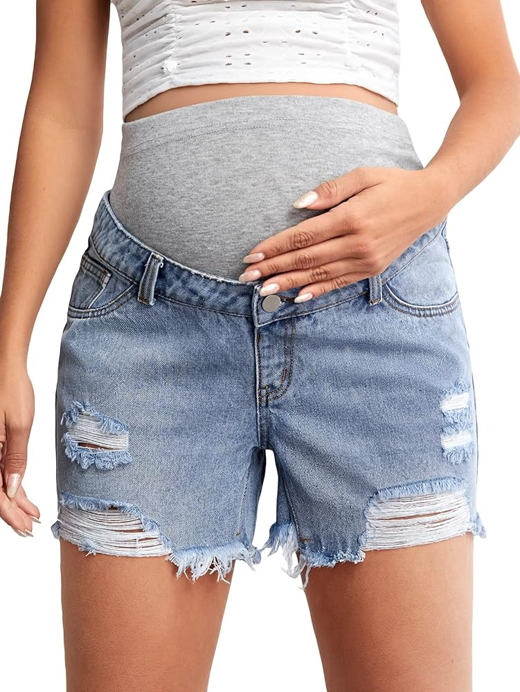 Verdusa Women's Maternity Denim Shorts High Waist Ripped Raw Hem Pregnancy Jeans Short | Amazon (US)