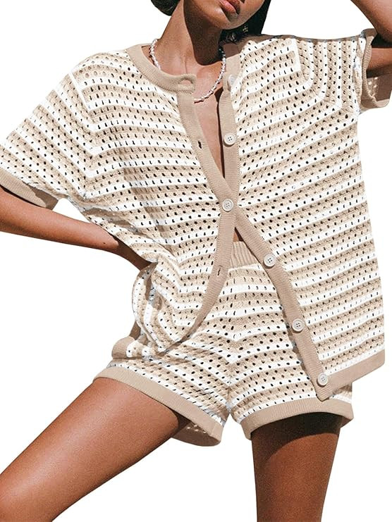 Womens Crochet Swimsuit Coverup Summer Beach Sets Striped Knit Short Sleeve Button Shirts 2 Piece... | Amazon (US)