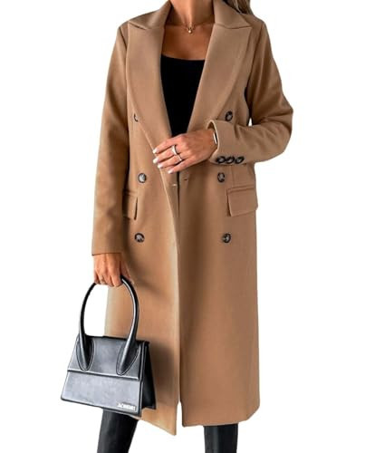 Womens Solid Color Double Breasted Medium Length Slim Coat Winter Casual Lapel Wool Jacket Coat | Amazon (US)