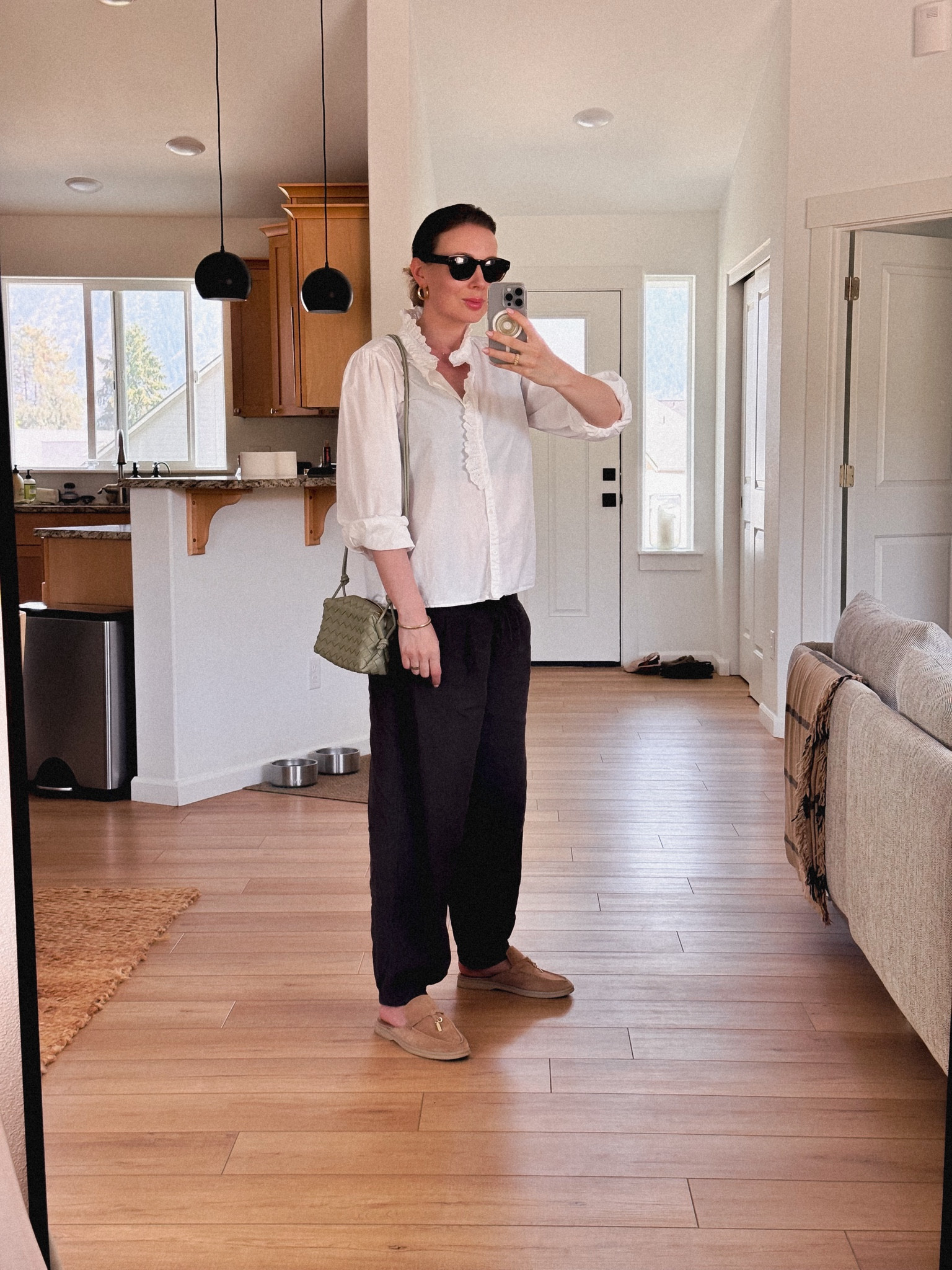 OOTD (keeping things simple): Sézane blouse in 100% cotton with a lace trim + Massimo Dutti linen pants (barrel leg) + Steve Madden Suede mules + Bottega Veneta mini loop bag (in travertine). Can’t believe I can still pull off these pieces during my second trimester of pregnancy! 
💭💭💭

#LTKSeasonal #LTKFindsUnder100 #LTKBump