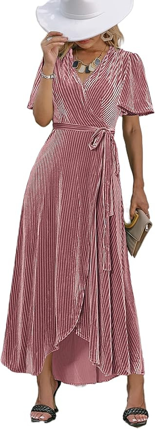 BerryGo Women's Velvet V Neck Wrap Semi Formal Dress Cocktail Party Maxi Dress for Wedding Guest | Amazon (US)