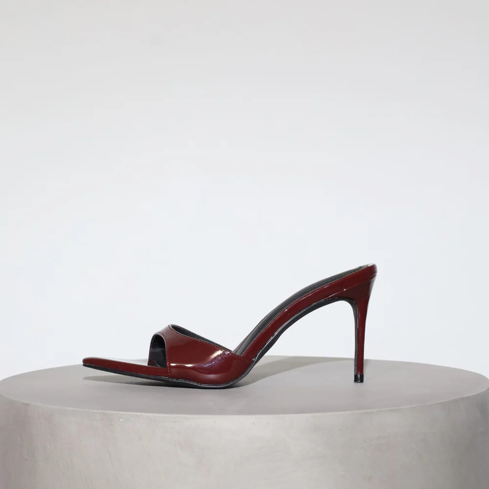 Gia Wine Patent Leather Vegan Mules 80 mm (Elongated Toe) | CULT OF COQUETTE