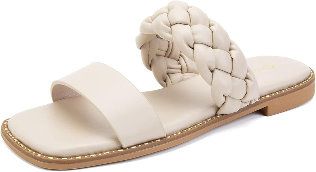 Greatonu Women's Square Toe Braided Flat Sandals Dressy Summer Open Toe Slides Strappy Slip On Wo... | Amazon (US)