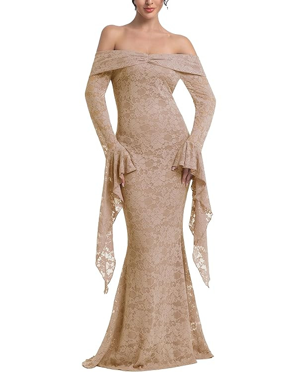 Women Off The Shoulder Floral Lace Maxi Wedding Dress Long Flare Sleeve Mermaid Gown for Formal P... | Amazon (US)