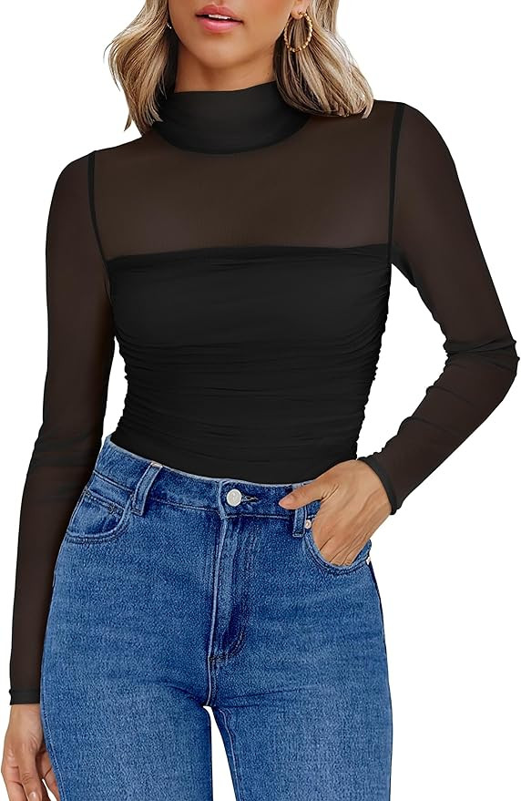 ANRABESS Womens Sexy Mesh Long Sleeve Shirts Trendy Mock Neck Sheer Ruched Going Out Tops Fall Sl... | Amazon (US)