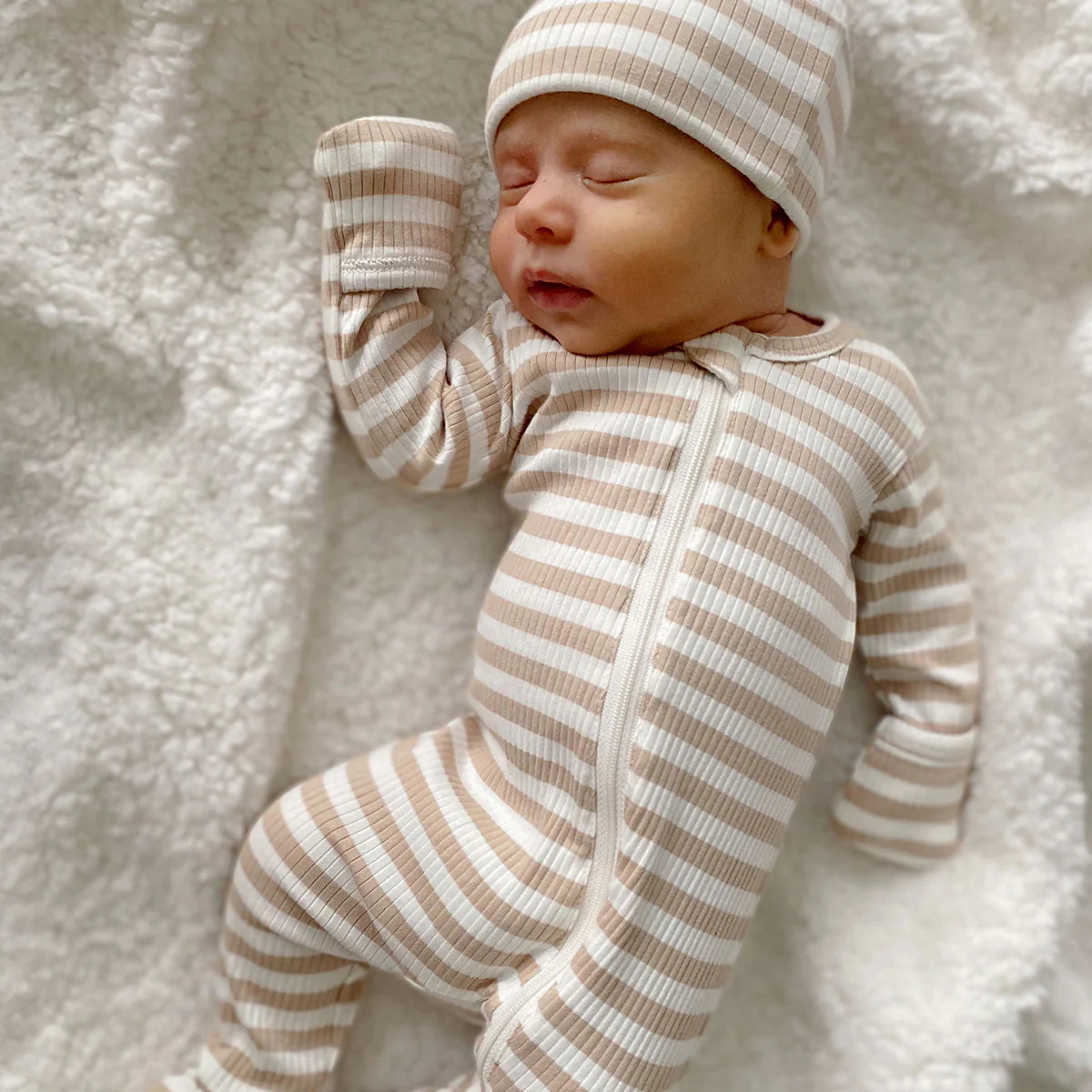 Tan Stripe / Organic Ribbed Zip Footie | SpearmintLOVE