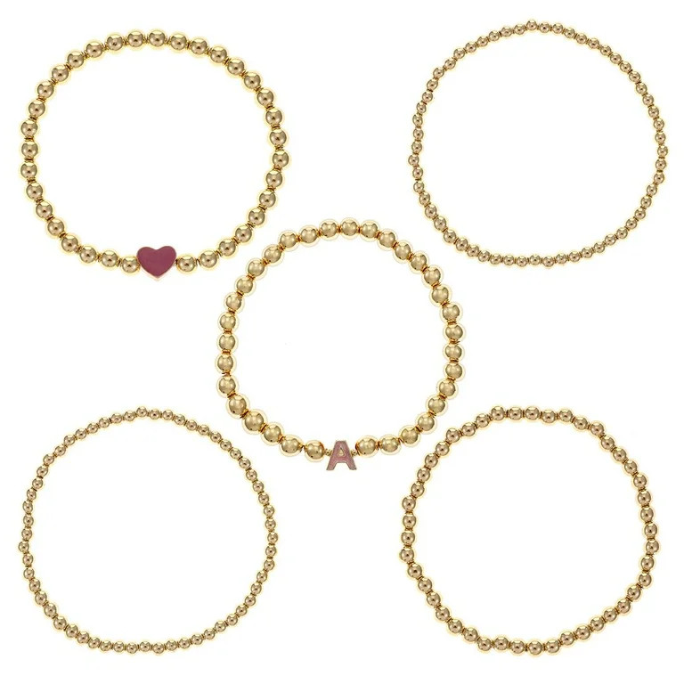 Time and Tru 5-Piece Stretch Bracelet Set, Initial Letter "A" Charm with Gold-tone Beads | Walmart (US)
