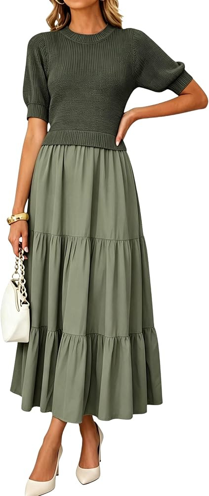 Huaqiao Womens Crew Neck Sweater Dress Tiered Ruffle Maxi Dress | Amazon (US)