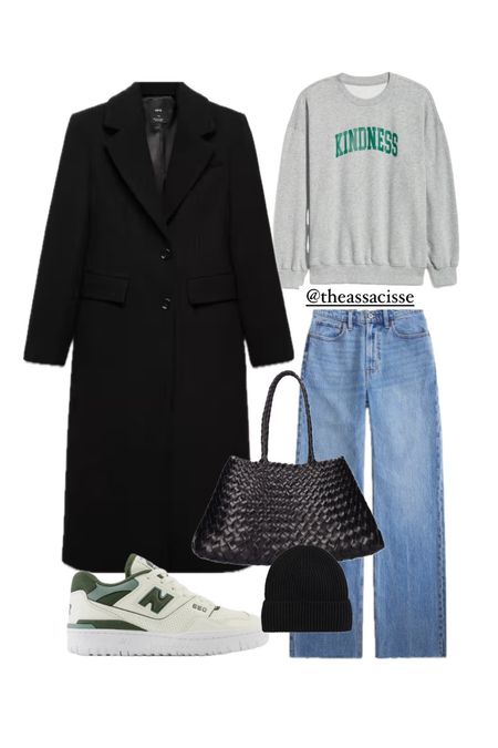 Plus size winter outfit idea featuring a black long coat, Oversized Graphic Tunic Sweatshirt for Women, new Balance 550, woven leather bag.

#LTKtravel #LTKMostLoved #LTKover40