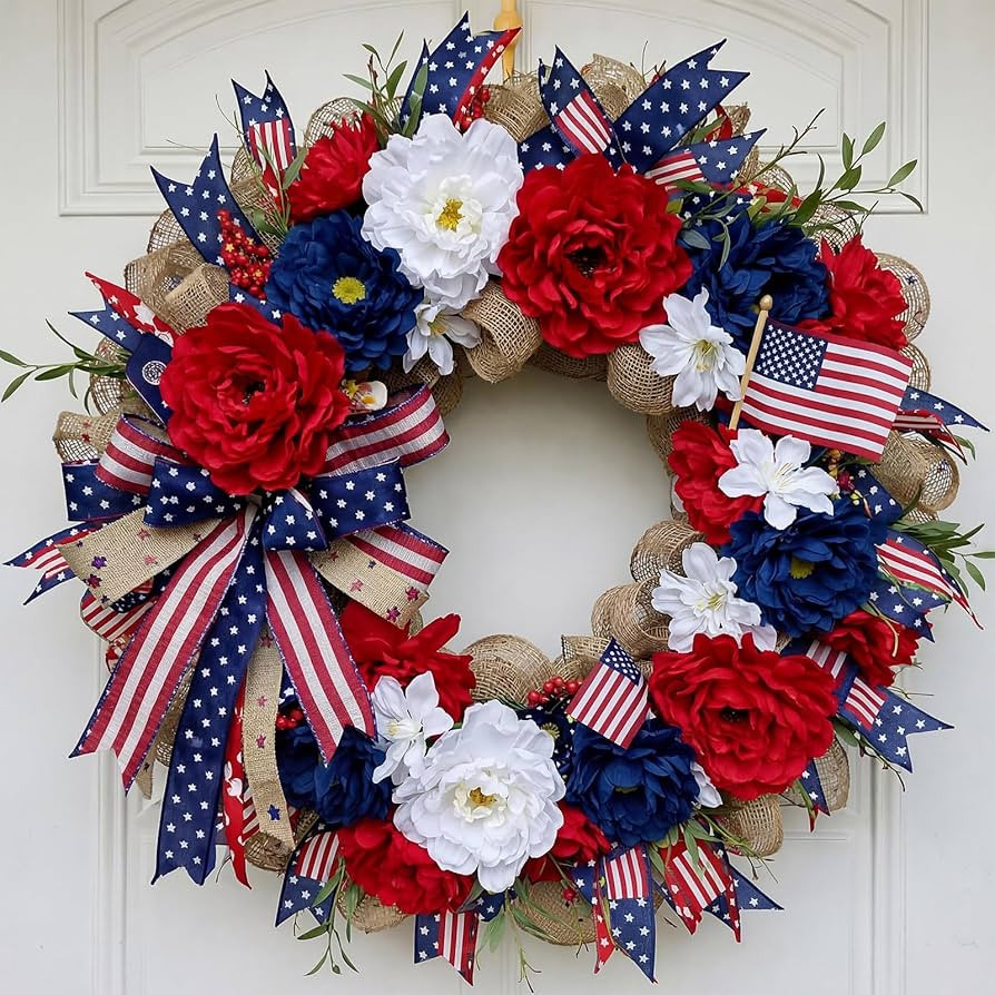 Daifunli Red White and Blue Wreaths for Front Door 16 Inch Patriotic Wreath Memorial Day 250th An... | Amazon (US)