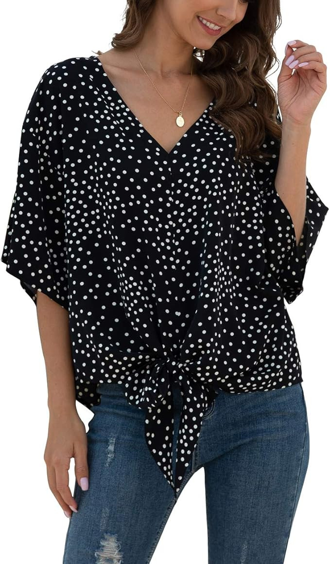 VIISHOW Womens Tie Front Chiffon Blouses V Neck Batwing Short Sleeve Summer Floral Tops Shirts | Amazon (US)