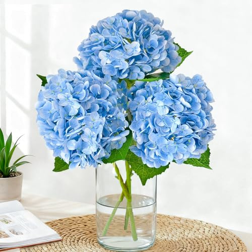 Cherica Real Touch Blue Hydrangea Artificial Flowers with Stems, Fake Silk Flowers for Outdoors, 3 Pcs Artificial Flowers for Home Decor Wedding Bouquets Centerpieces Vase | Amazon (US)