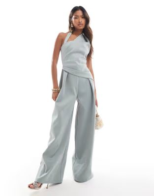 ASOS DESIGN scuba wrap around halterneck jumpsuit in sage green | ASOS (Global)