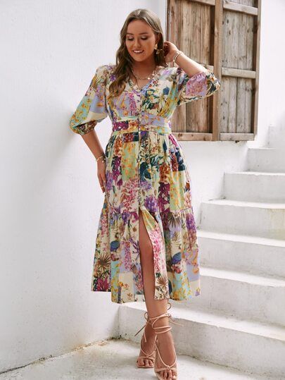 Simplee Plus Floral Print Lantern Sleeve Ruffle Hem Dress | SHEIN