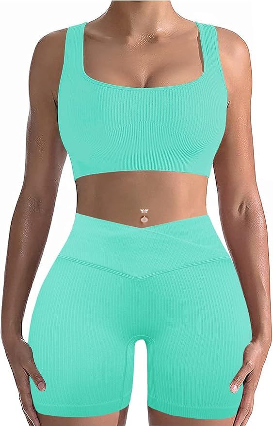 Workout Sets for Women Two Piece Sexy Summer Sports Bra and Crossover Shorts Matching Workout Set | Amazon (US)