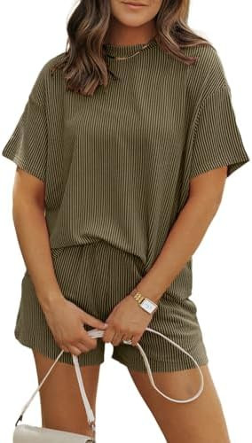 MARZXIN Women 2 Piece Shorts Set 2026 Casual Summer Cruise Outfits Ribbed Loose Short Sleeve Pock... | Amazon (US)