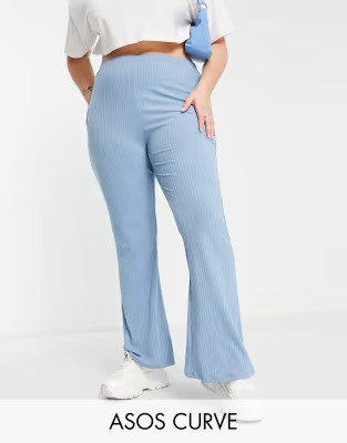 ASOS DESIGN Curve rib flare pants in blue | ASOS (Global)