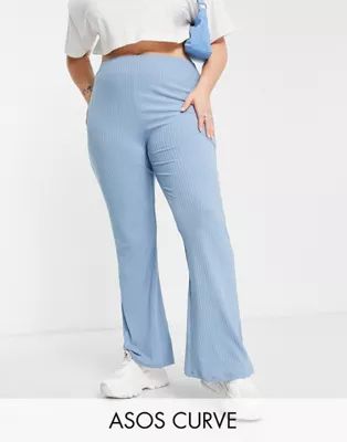 ASOS DESIGN Curve rib flare pants in blue | ASOS (Global)