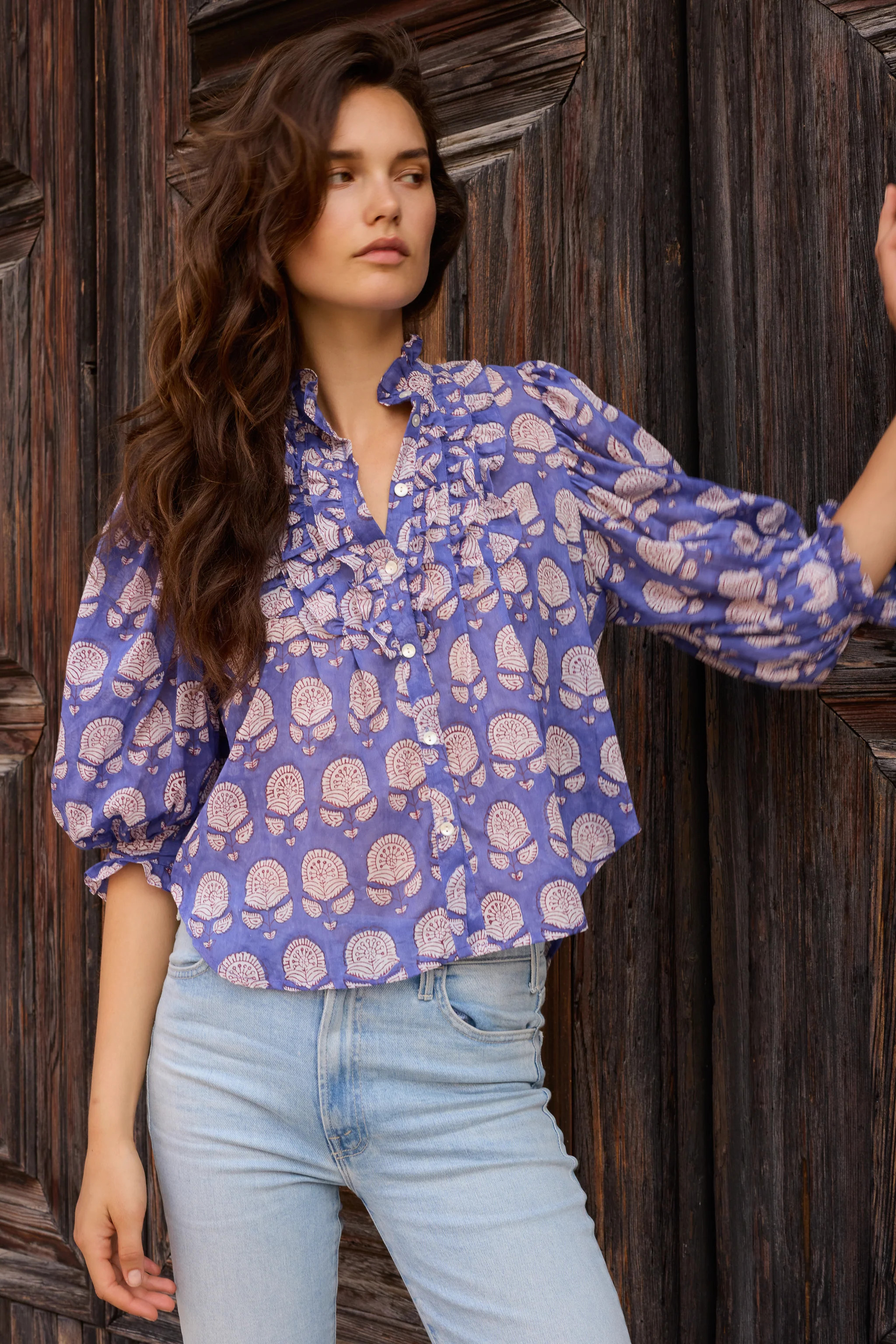 Ruffle Front Button Blouse- Trento Cobalt | Oliphant Design