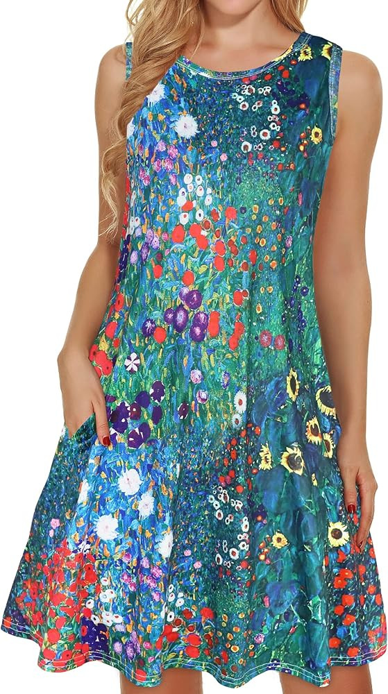 elescat Women's Summer Dresses 2025 Beach Casual Sleeveless Floral Print Tank Loose Sundress with... | Amazon (US)