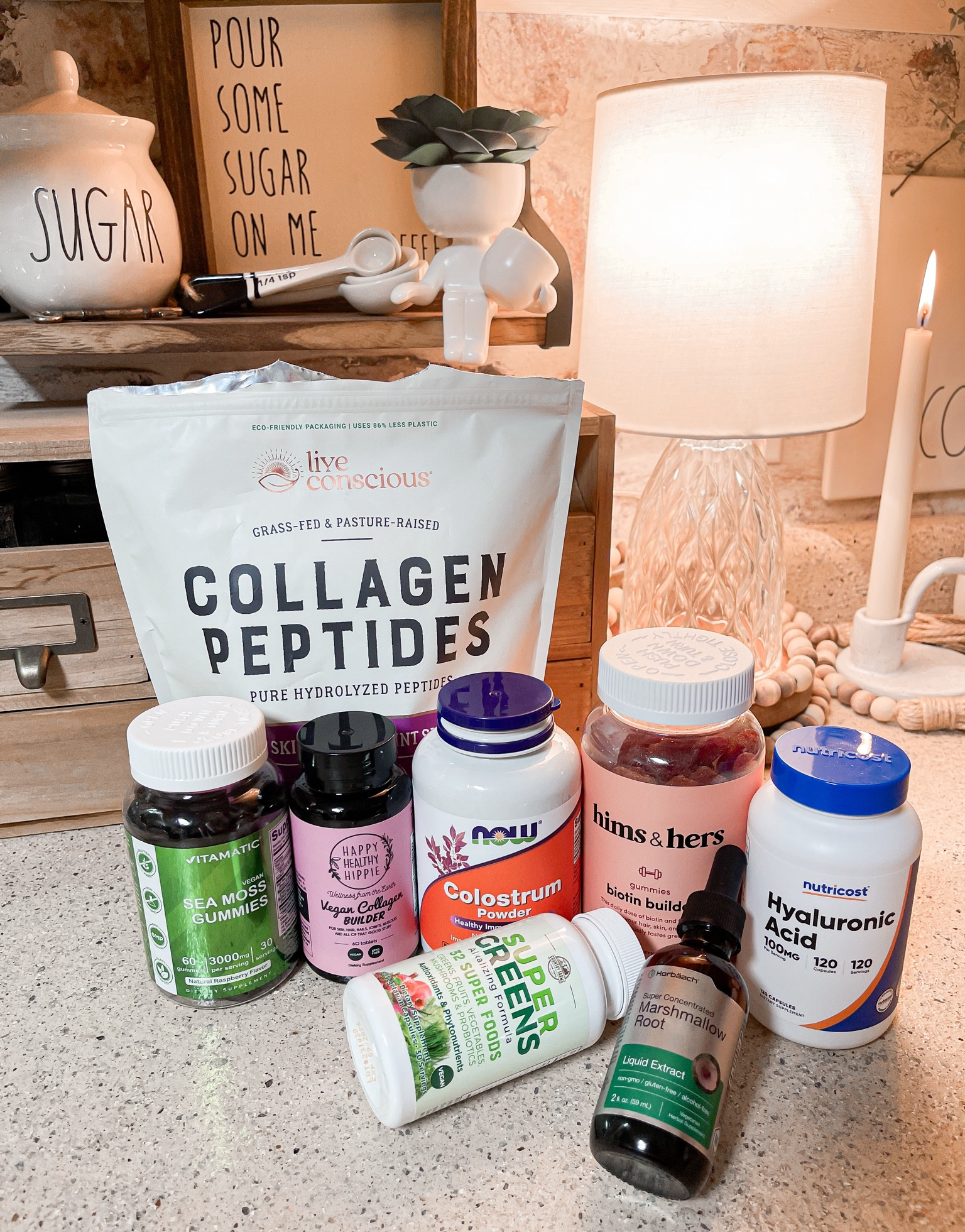 Supplement line-up.
I add the collagen powder, the colostrum, and the hyaluronic acid to my coffee in the morning. 
**The hyaluronic acid is in a capsule form, so I just empty one in my coffee.

#LTKbeauty #LTKfitness #LTKtravel