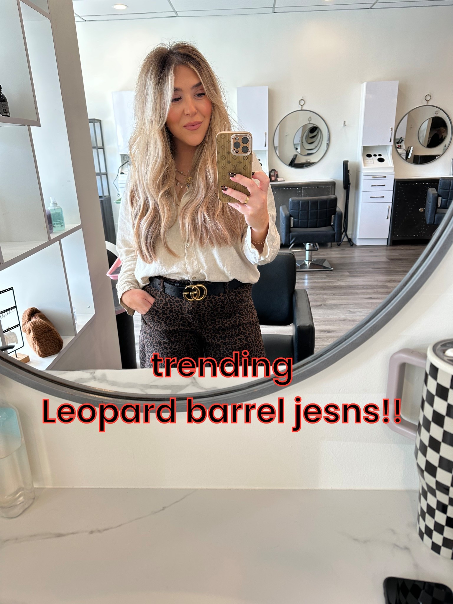 Another day, another hairstylist behind the chair outfit. 
Trending barrel jeans but leopard.
Wearing a size L on the bottom and I like the fit!  I love that you can dress them up or down! 

#LTKMidsize #LTKFindsUnder50