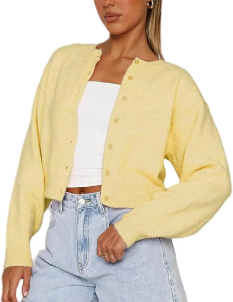 Women Y2k Button Down Crop Sweater Cardigan Long Sleeve Open Front Crewneck Cardigan Cute Knit Pu... | Amazon (US)
