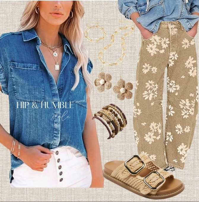 Fun spring style with floral print barrel jeans, denim top, raffia earrings, spring sandals 

#LTKootd #LTKOver40 #LTKSeasonal