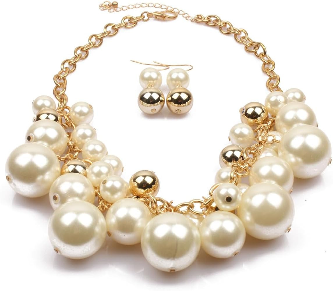 Elegant White And Golden Pearl Cluster Statement Chunky Necklace and Earrings Set for Women, Fash... | Amazon (US)