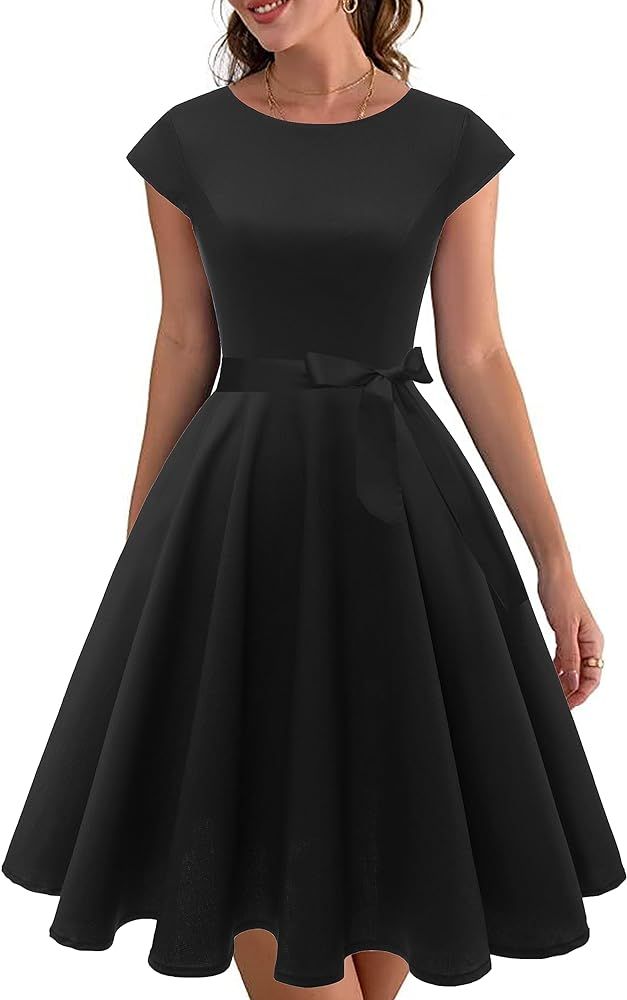 PUKAVT Women's 1950 Boatneck Cap Sleeve Vintage Swing Cocktail Party Dress with Pockets | Amazon (US)