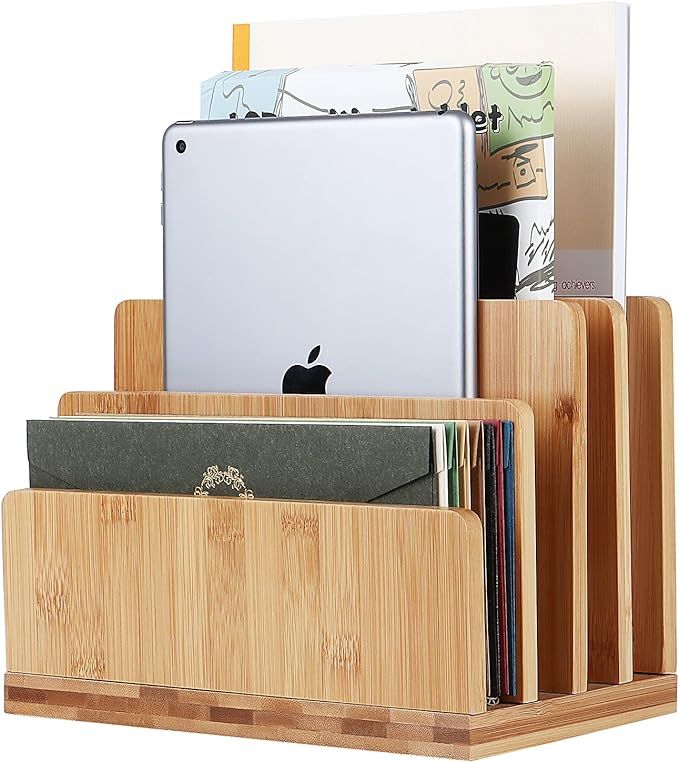 100% Bamboo Desk File Mail Organizer Countertop, 4 Slots Wood Desktop File Folder Sorter Holder O... | Amazon (US)