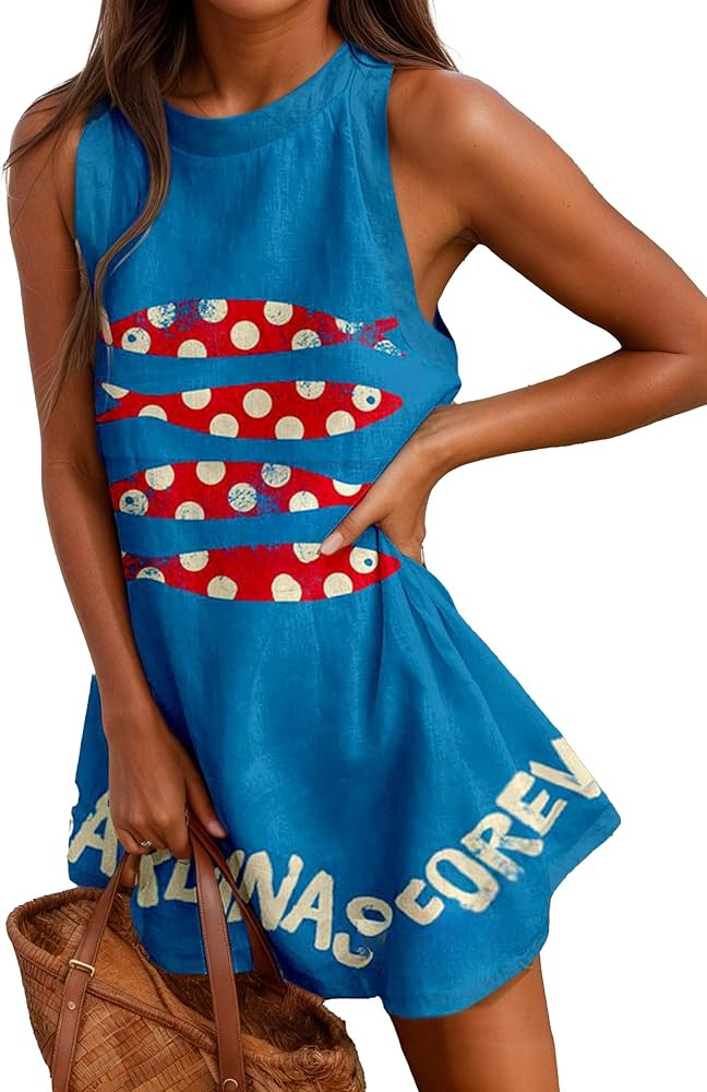 Womens Linen Tank Dress Summer Boho Beach Vacation Mini Dresses Casual Crewneck Novelty Animal Pr... | Amazon (US)