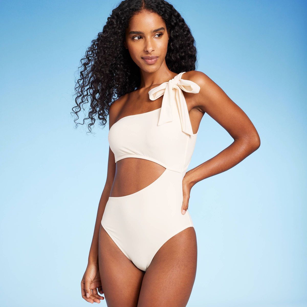 Women's One Shoulder Bow Cut Out One Piece Swimsuit - Shade & Shore™ Off-White XS | Target