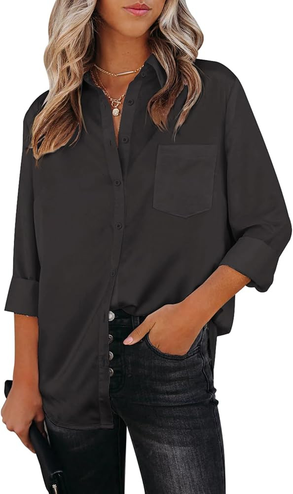 Aoudery Womens Button Down Shirts Dress Shirts Long Sleeve Wrinkle Free Collar Blouses V Neck Wor... | Amazon (US)