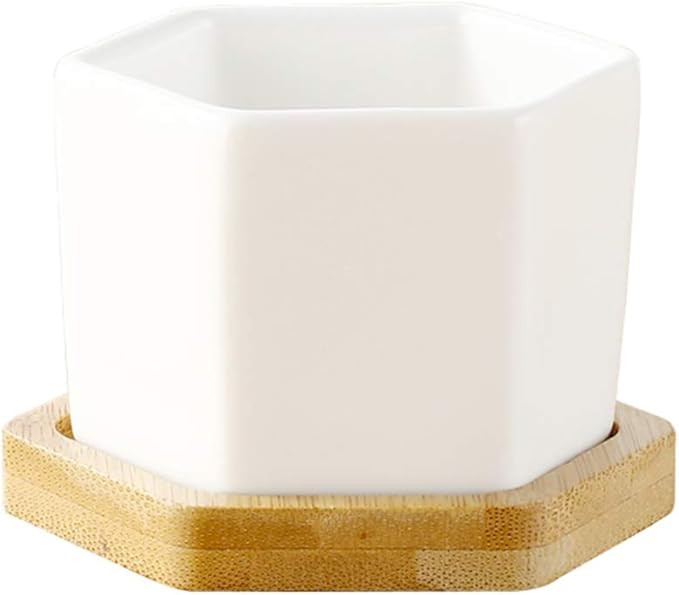 Ochine 3 Inches Ceramic Cactus Flower Pot with Bamboo Tray Small Succulent Planter Modern Indoor ... | Amazon (US)