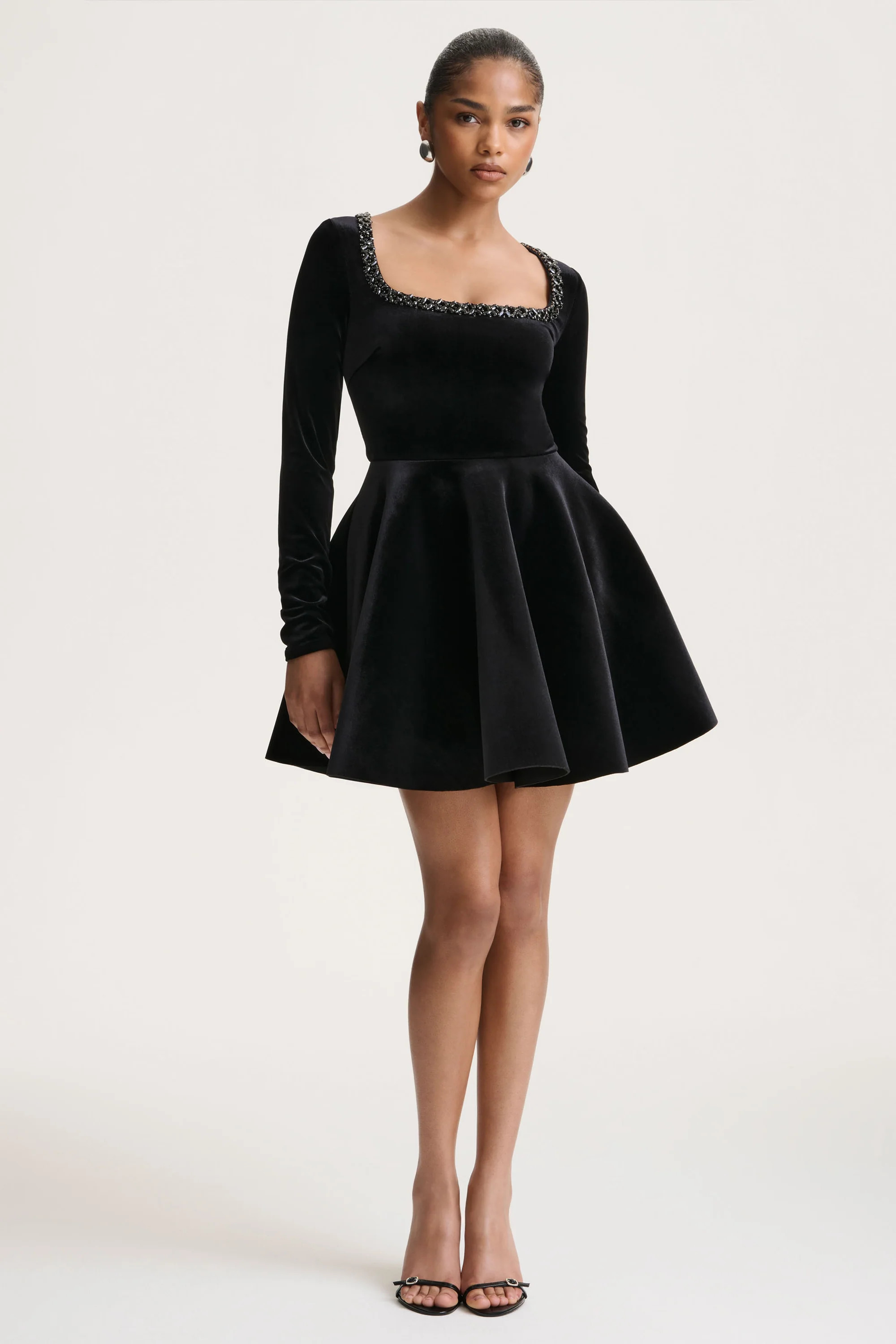 Beloved | Black Velvet Embellished Square-Neck Mini Dress | Club L London