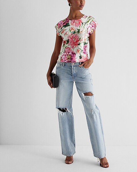 Satin Floral Crew Neck Gramercy Tee | Express