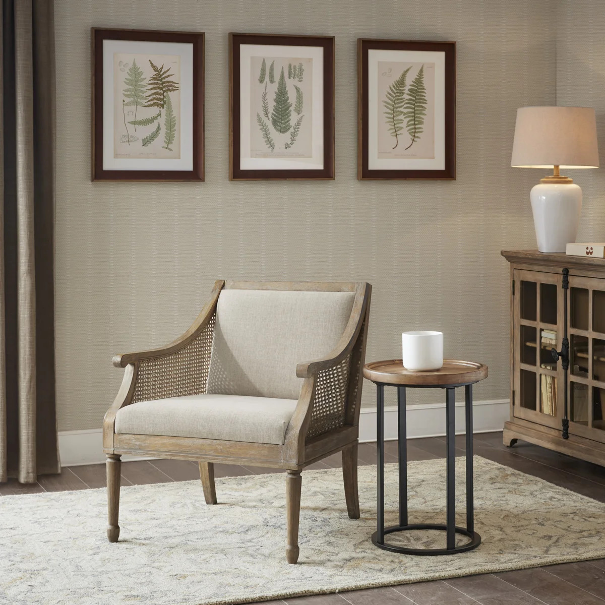 Bedford Isla Transitional Upholstered Cane Inset Accent Armchair with Solid Wooden Legs, Natural | Wayfair North America