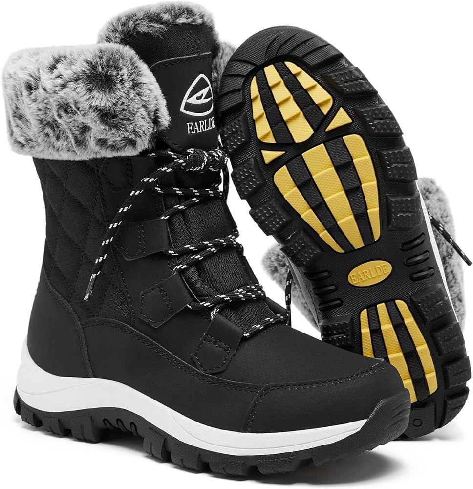 EARLDE Women’s Snow Boot With Waterproof Lace Up Mid-Calf Outdoor Winter Deep Tread Rubber Sole | Amazon (US)
