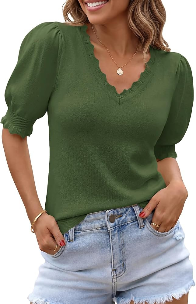Saodimallsu Womens Puff Short Sleeve Sweater Tops V Neck Ruffle Trendy Casual Knit Pullover T Shi... | Amazon (US)