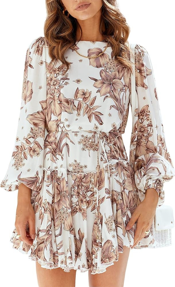 DOUFIN Women's Long Baggy Sleeve Casual Mini Dress Floral Crew Neck Waist Tie Ruffle Hem Summer Shor | Amazon (US)
