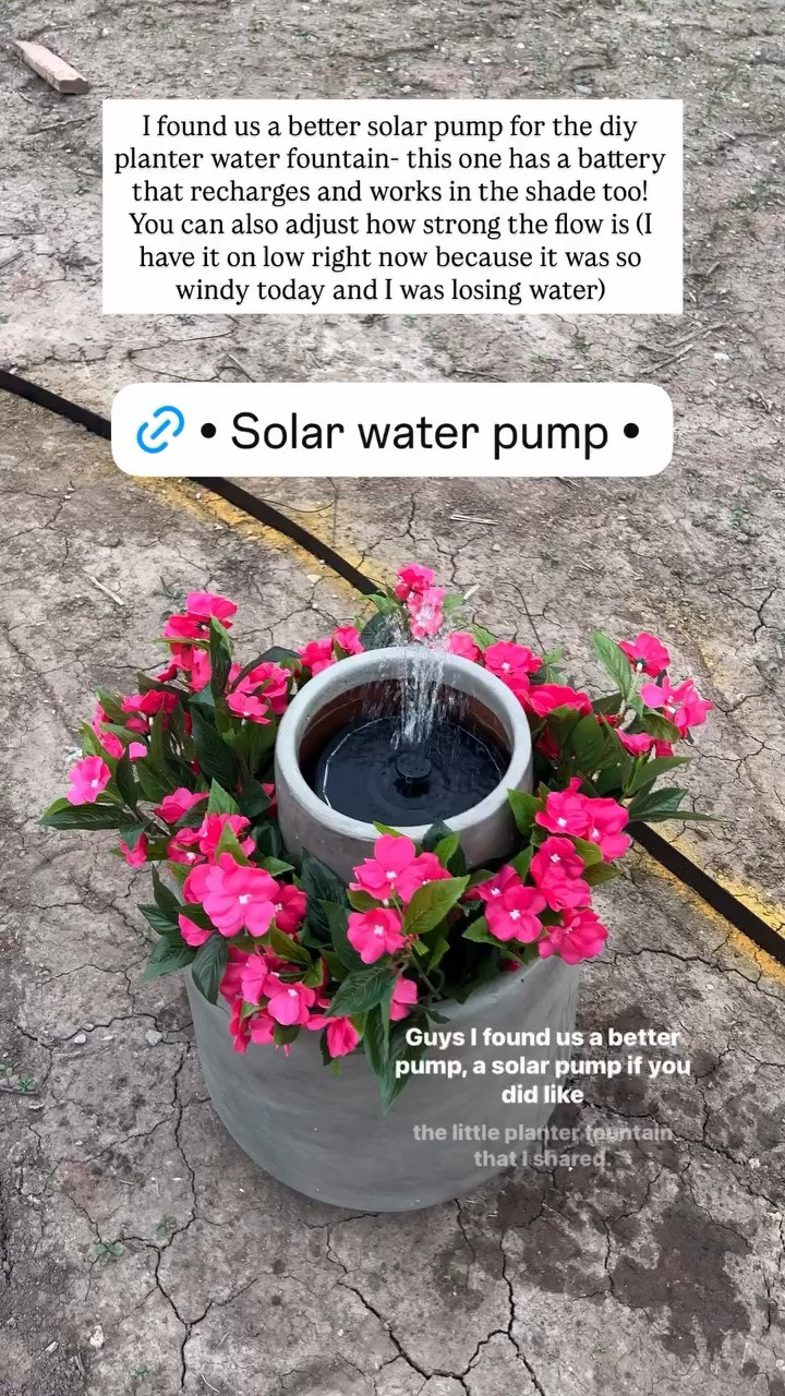 I found us a better solar pump for the diy planter water fountain- this one has a battery that recharges and works in the shade too! You can also adjust how strong the flow is (I have it on low right now because it was so windy today and I was losing water)