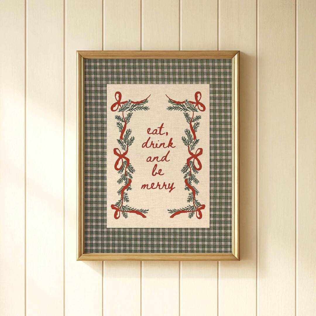 Vintage Christmas Quote Gingham Print | Eat Drink and Be Merry Wall Art | Cozy Rustic Country Hol... | Etsy (US)