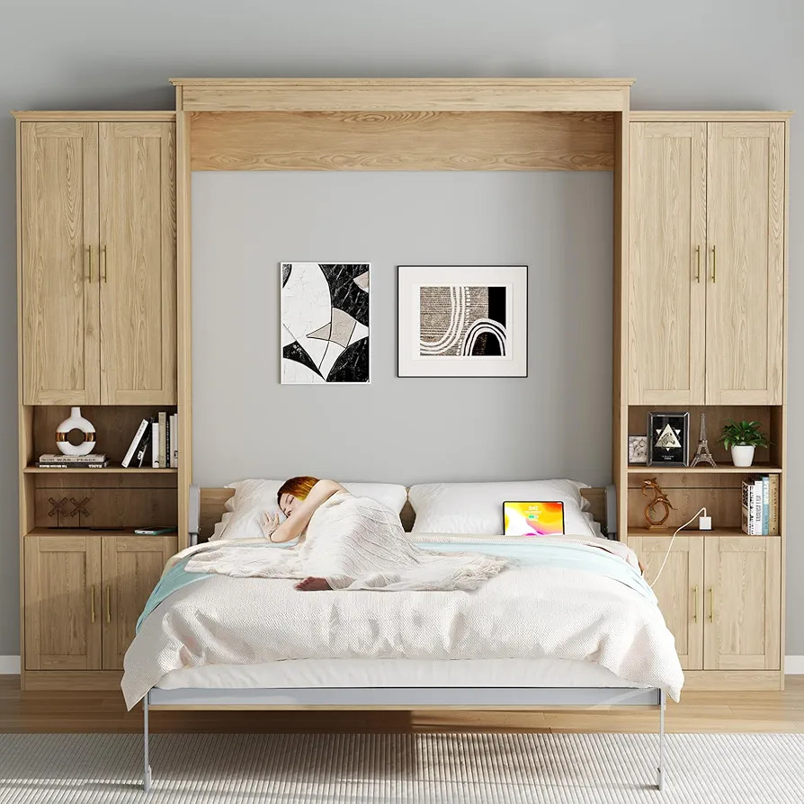 Rophefx Murphy Bed Queen with 2 Side Cabinet Storage Shelves, Queen Wall Bed Cabinet with USB Por... | Amazon (US)