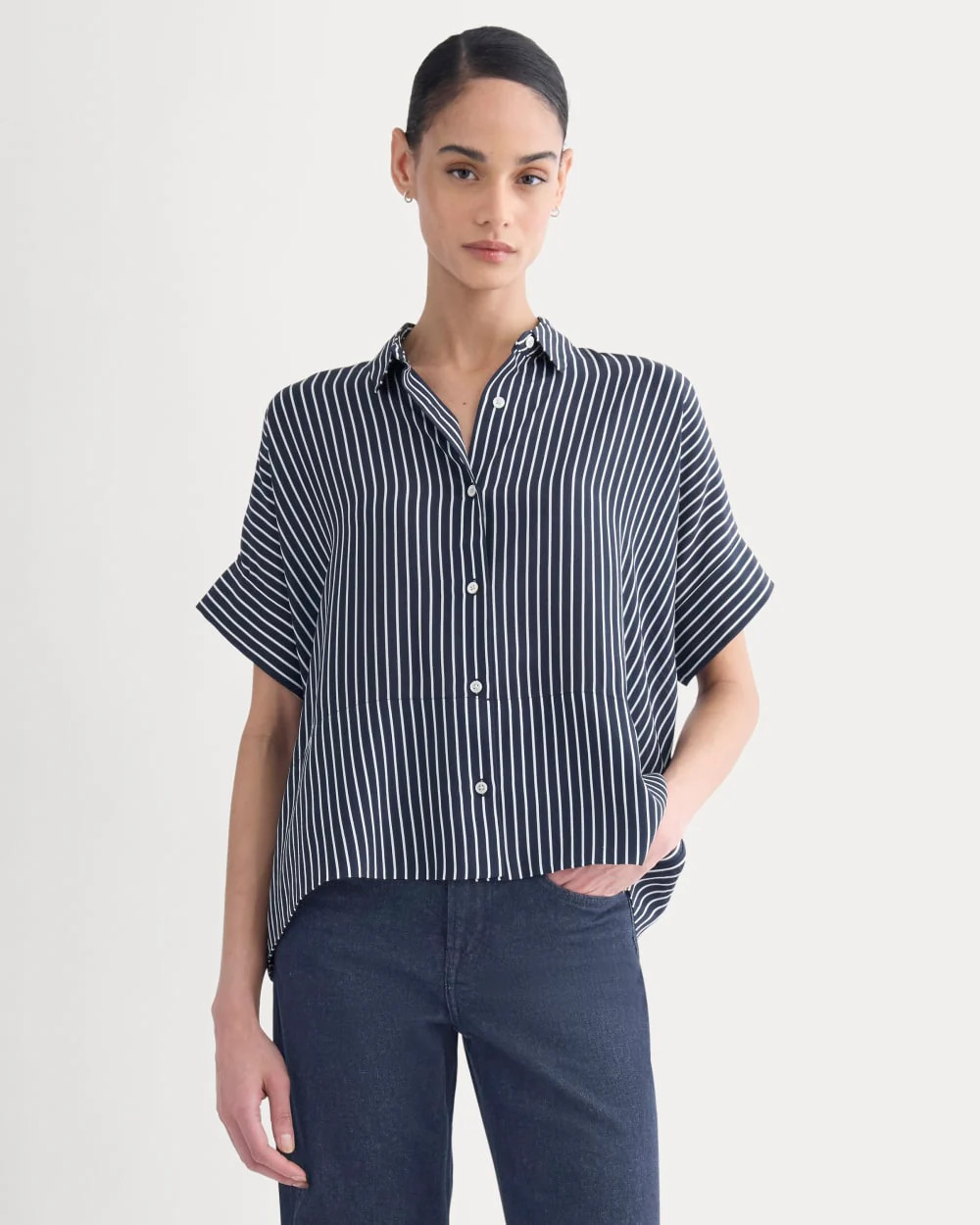 The Boxy Shirt in Washable Silk | True Navy / Bone Stripe | Everlane
