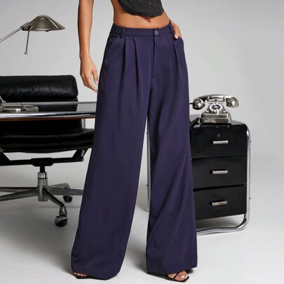 Fall Women Clothes, Women's Navy Blue Solid Color Elegant Wide-Leg High-Waisted Trousers With Pleated Waist And Pockets. For Evening Event, Office Wea | SHEIN