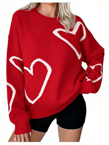 UNIQUEONE Valentines Sweater Women Love Sweatshirt Heart Graphic Knit Sweaters Romantic Valentine Day Oversized Crewneck Tops B-red | Amazon (US)